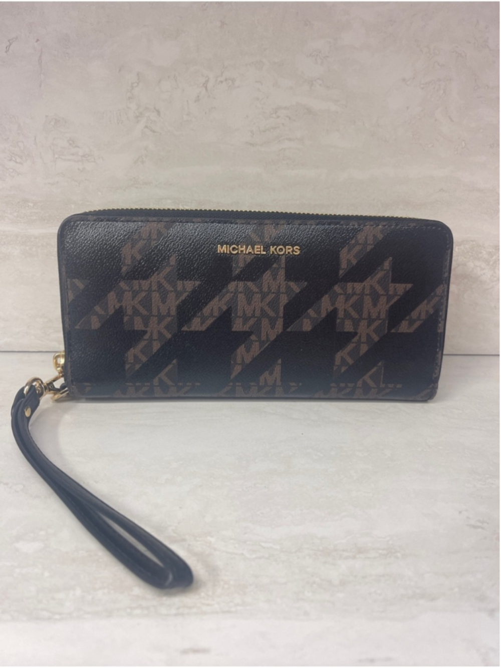 Michael Kors Black/Brown Houndstooth Continental Wristlet Wallet